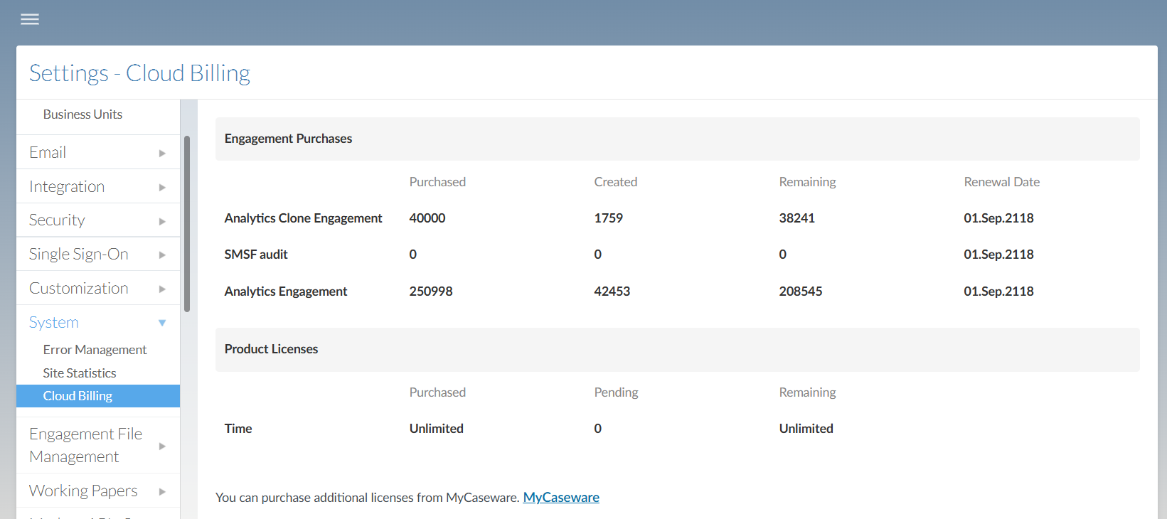 View your purchased engagements under Engagement Purchases in the Cloud Billing page.