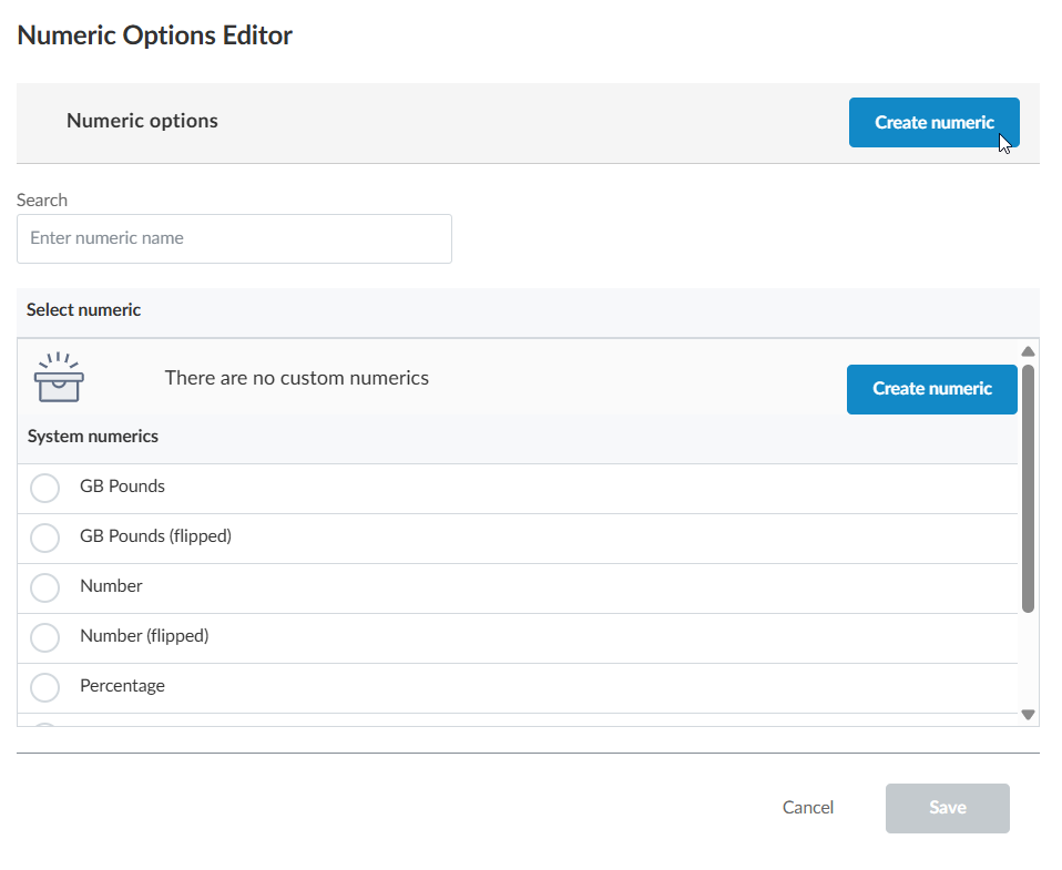 The Numeric Options Editor dialog.