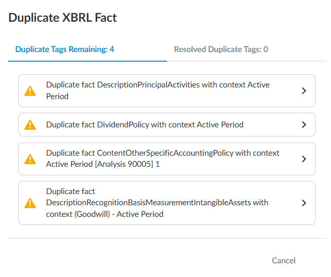 The Duplicate XBRL Fact dialog.