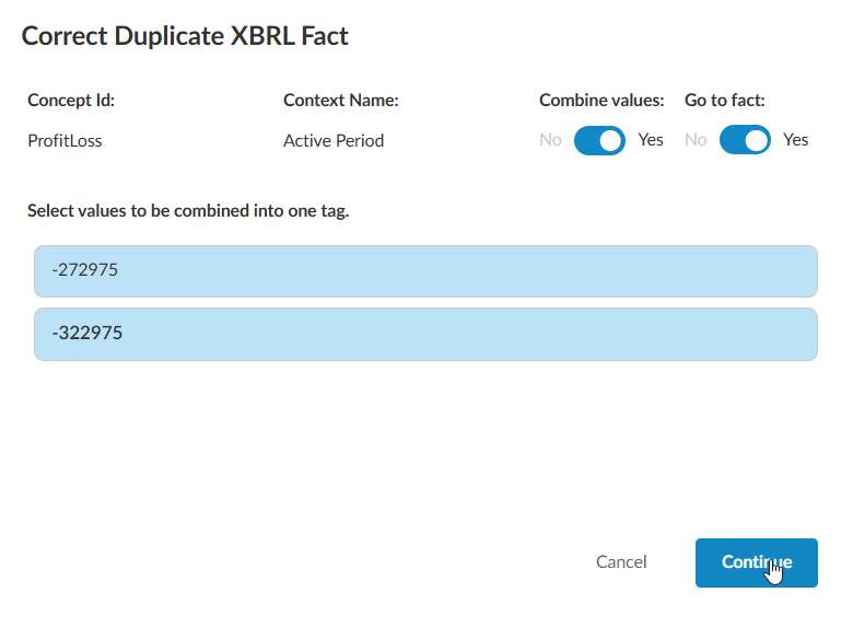 The Correct Duplicate XBRL Fact dialog.