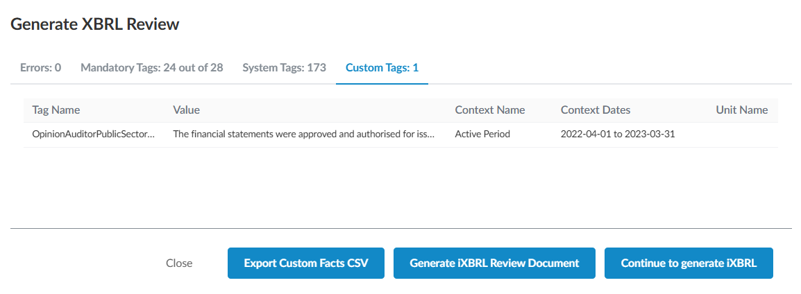 The Custom Tags tab of the Generate XBRL Review dialog.