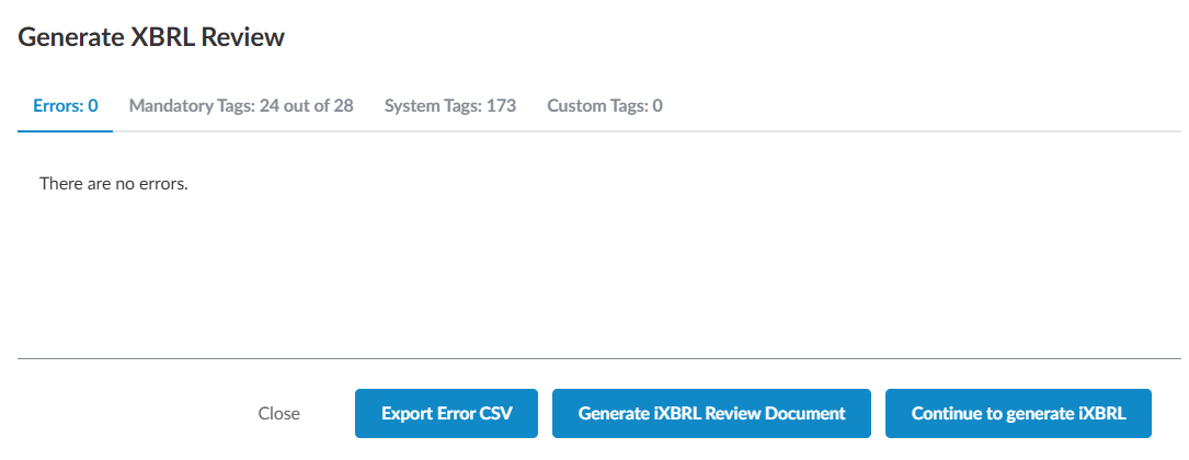 The Errors tag of the Generate XBRL Review dialog.