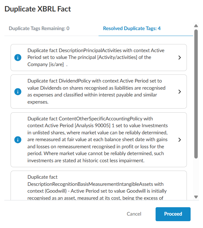 Resolve duplicate XBRL fact tags.