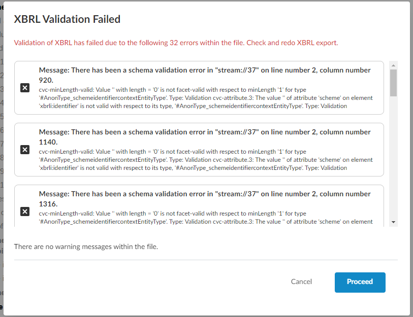The XBRL Validation Failed dialog.