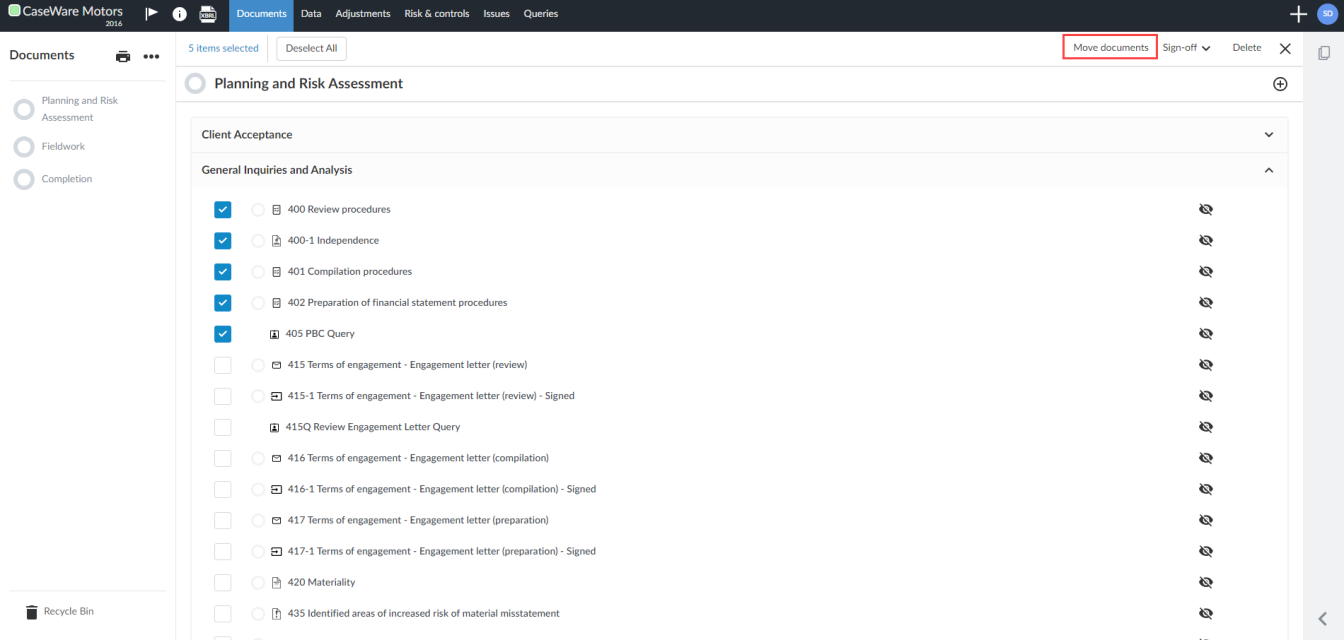 The Move documents option on the Documents page.