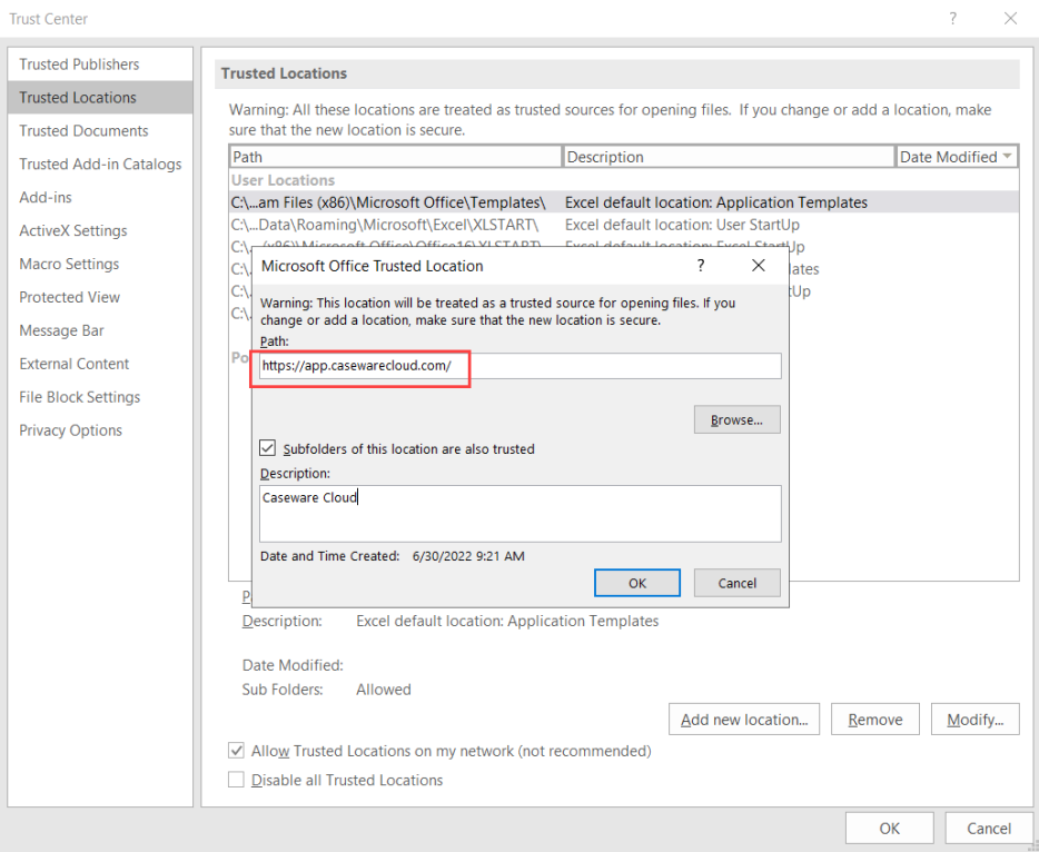 The Trust Center dialog.
