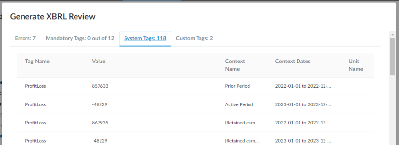 The System Tags tab of the Generate XBRL Review dialog.