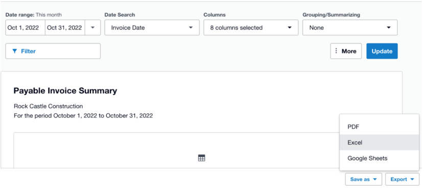 Select the Excel exporting option