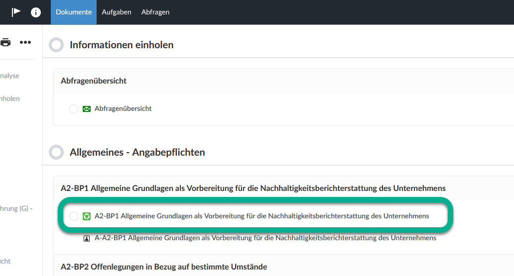 Screenshot des Antwortformulars A2-BP1 in der Dokumentenübersicht