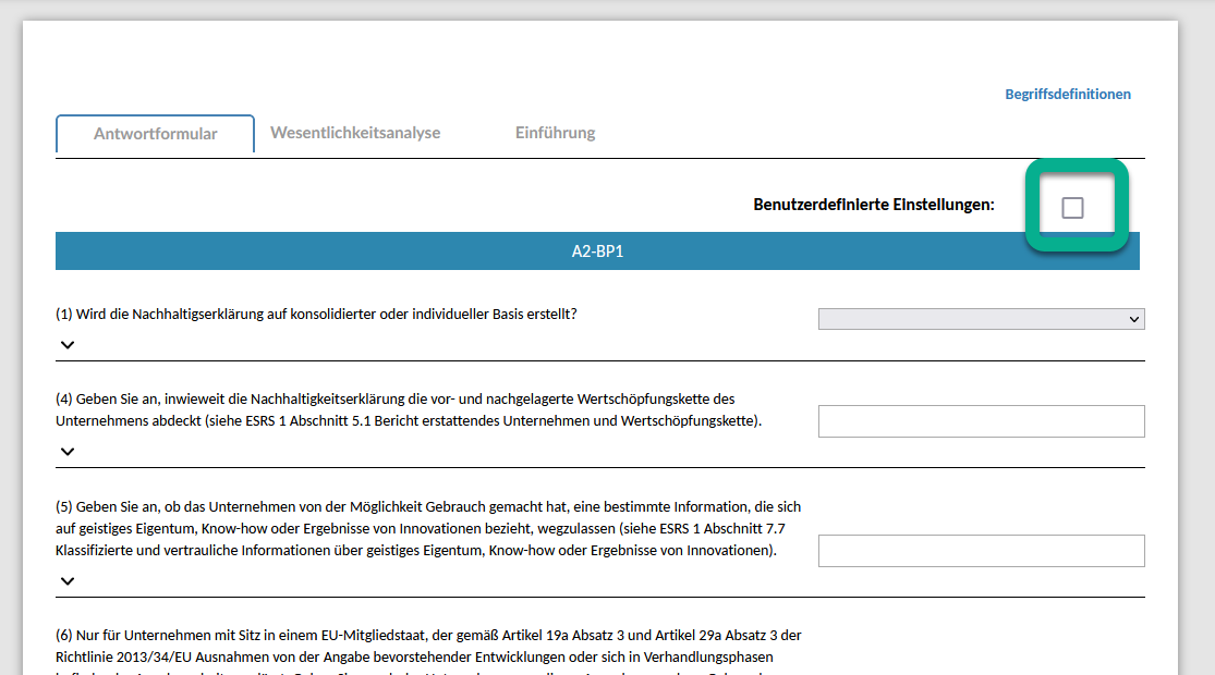 Screenshot des Kontrollkästchens Benutzerdefinierte Einstellungen im Antwortformular