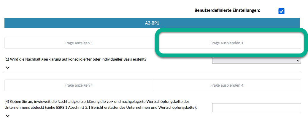 Screenshot der Schaltfläche Frage ausblenden