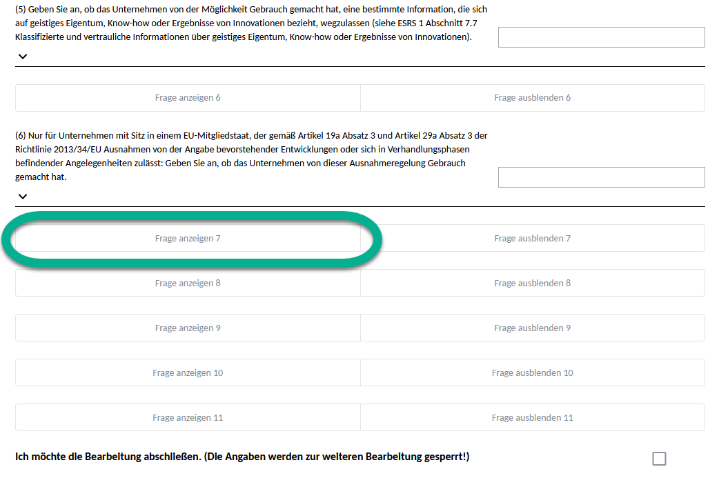 Screenshot des unteren Bereichs des Antwortformulars mit neuen, möglichen Fragen