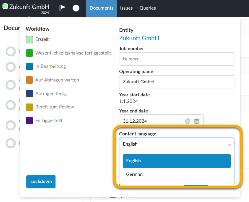 Screenshot of the Content language drop-down list