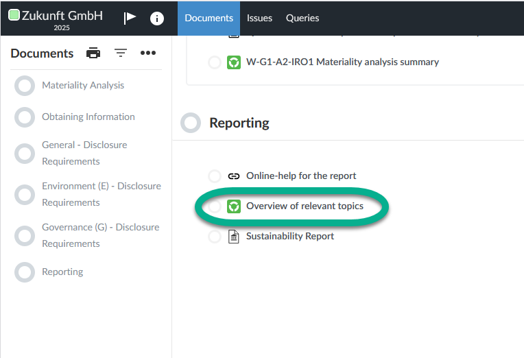 Screenshot of the document overview with the document Overview of relevant topics