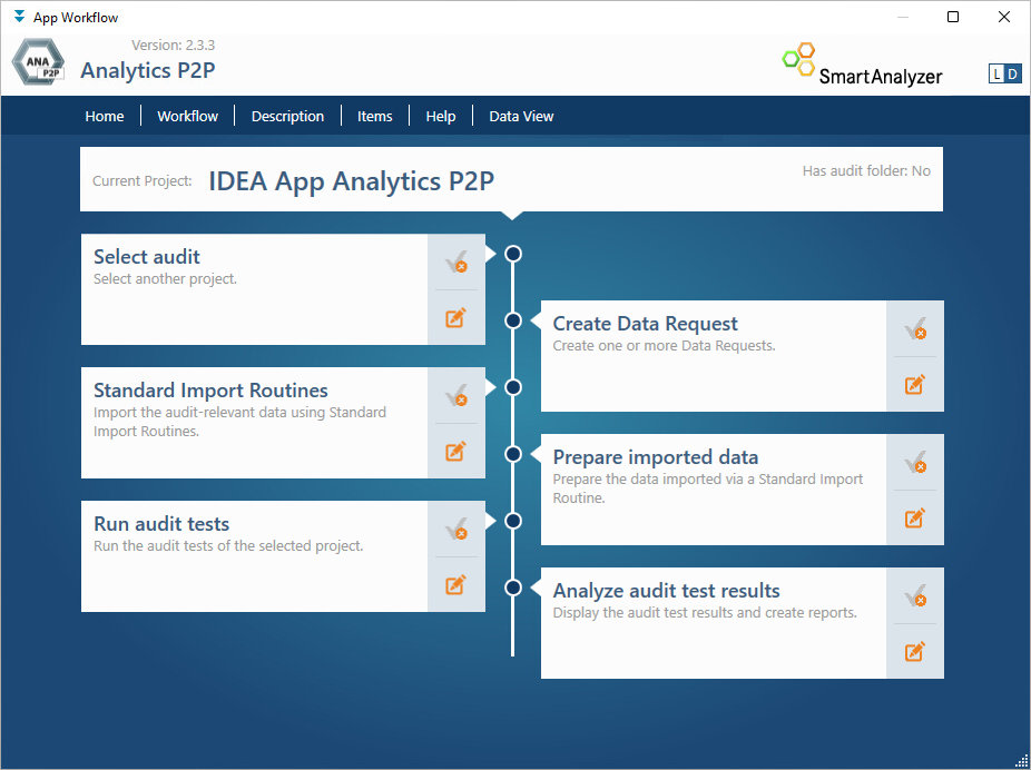 Image of the Analytics P2P app workflow showing the steps it contains