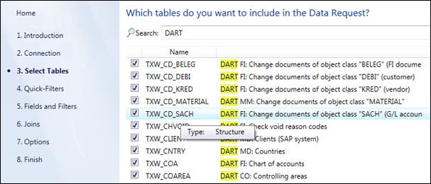 Figure:&nbsp;“Select Tables” step - entering the search term “DART”