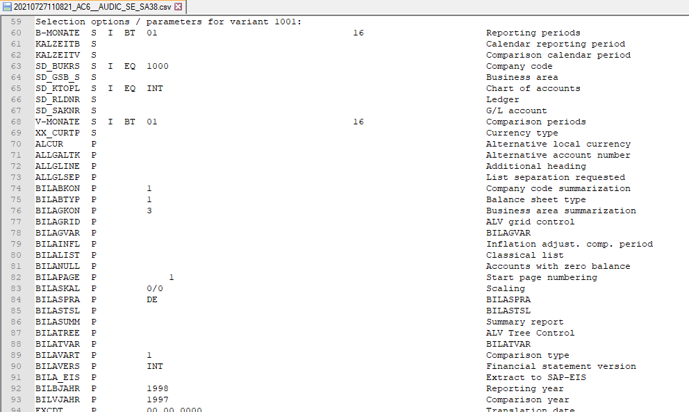 Complete list of selection fields and parameters as extraction