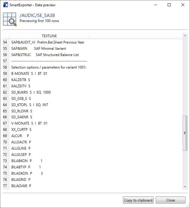 Selection fields and parameters for the variant in the data preview