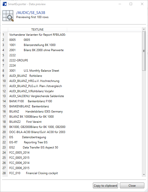Display of the variants available in the SAP® system in the preview