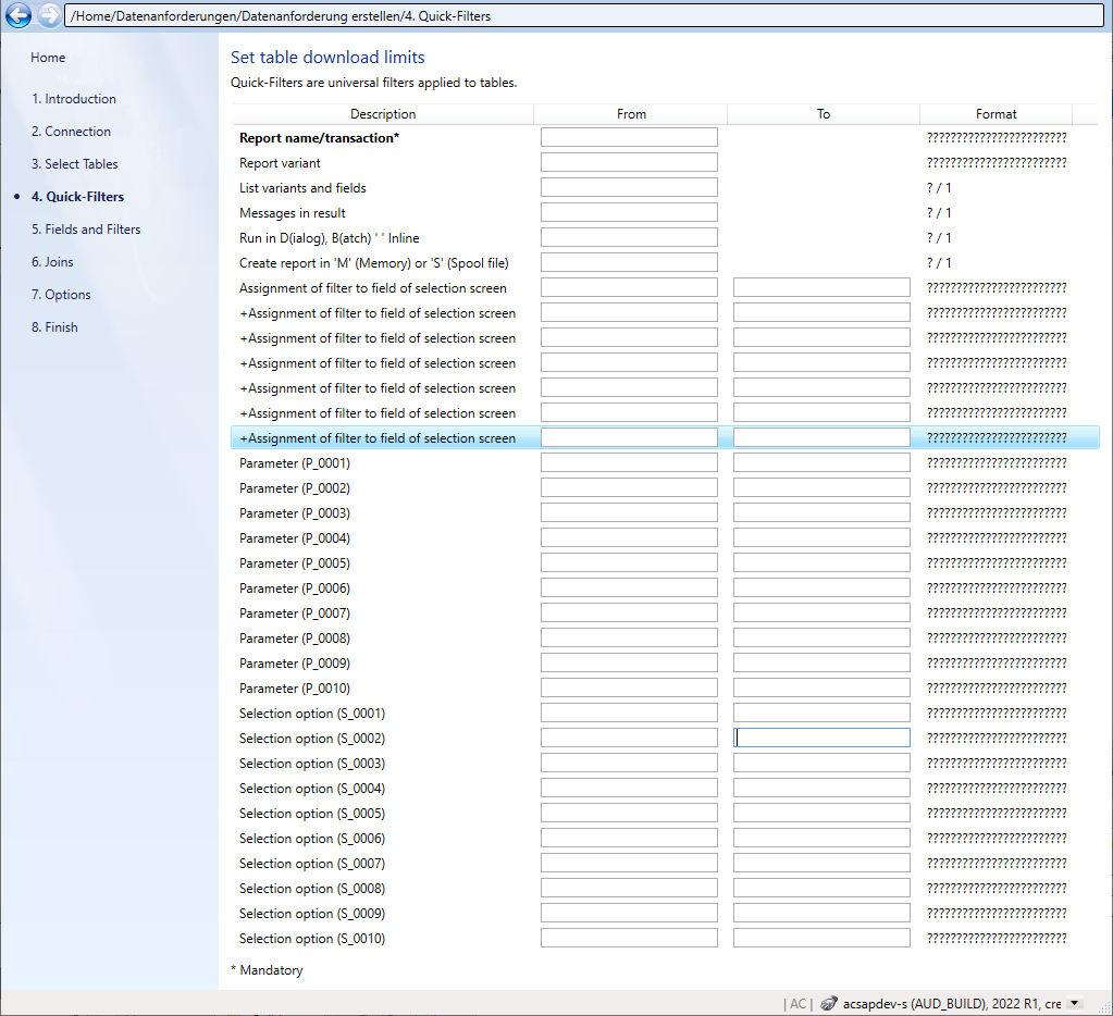 Remove all entered Quick-Filter values in the Quick-Filters step