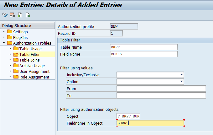 New table filter with authorization object