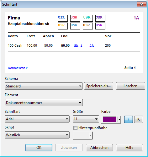 The Font Settings dialog with font type, size and color options