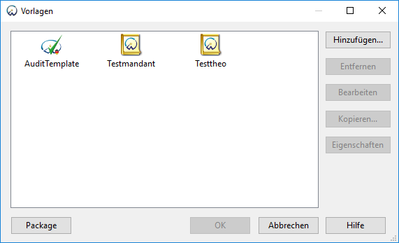 The Template dialog displaying a list of templates with customization and packaging options