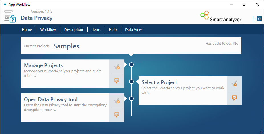 This shows the different workflow steps available for the Data Privacy app.