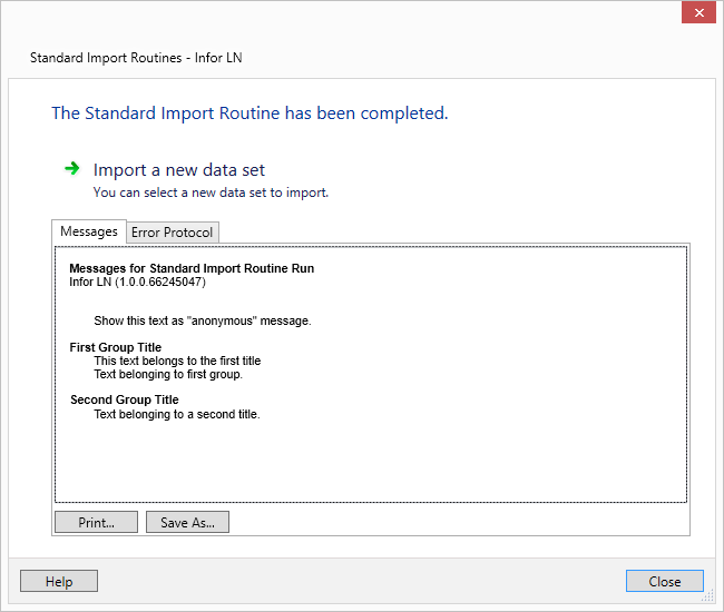 Standard Import Routine messages and error protocol
