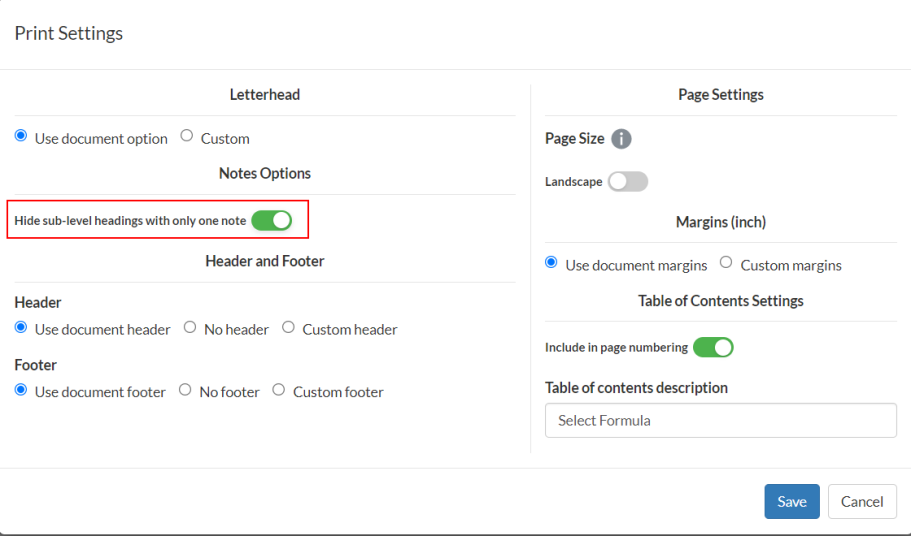 The Hide sub-level headings option in the Notes Print Settings.