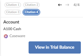 A citation detail panel showing Account A100 Cash as the source, with a View in Trial Balance button.