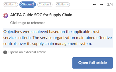 A citation detail panel showing an AICPA Guide SOC for Supply Chain as the source, with a highlighted passage and an Open full article button.