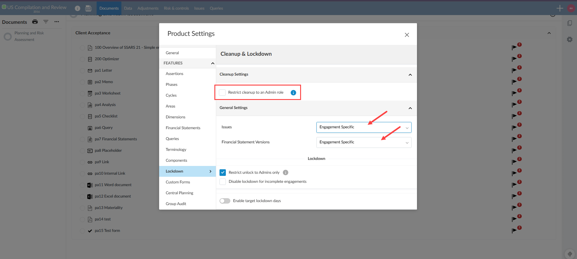 The Product Settings dialog showing the Cleanup &amp; Lockdown section with Cleanup Settings including a Restrict cleanup to an Admin role checkbox, and General Settings with drop-down menus for Issues and Financial Statement Versions, and Lockdown settings below.