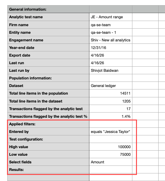 The exported results with filters in an CSV file.