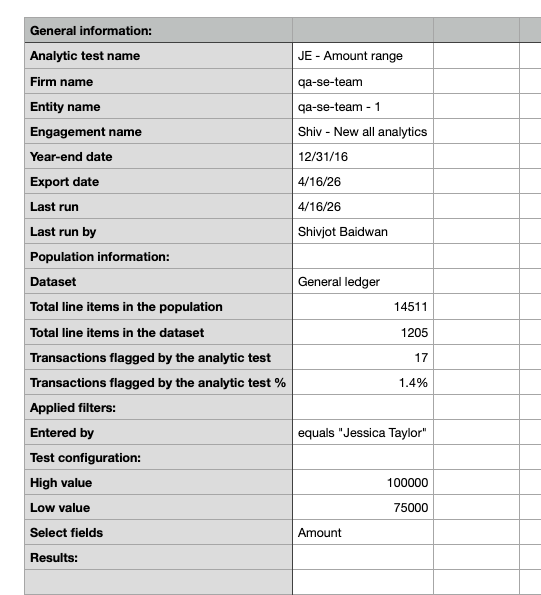 A summary table showing general information, population information, applied filters, test configuration, and results for the JE - Amount range analytic test.