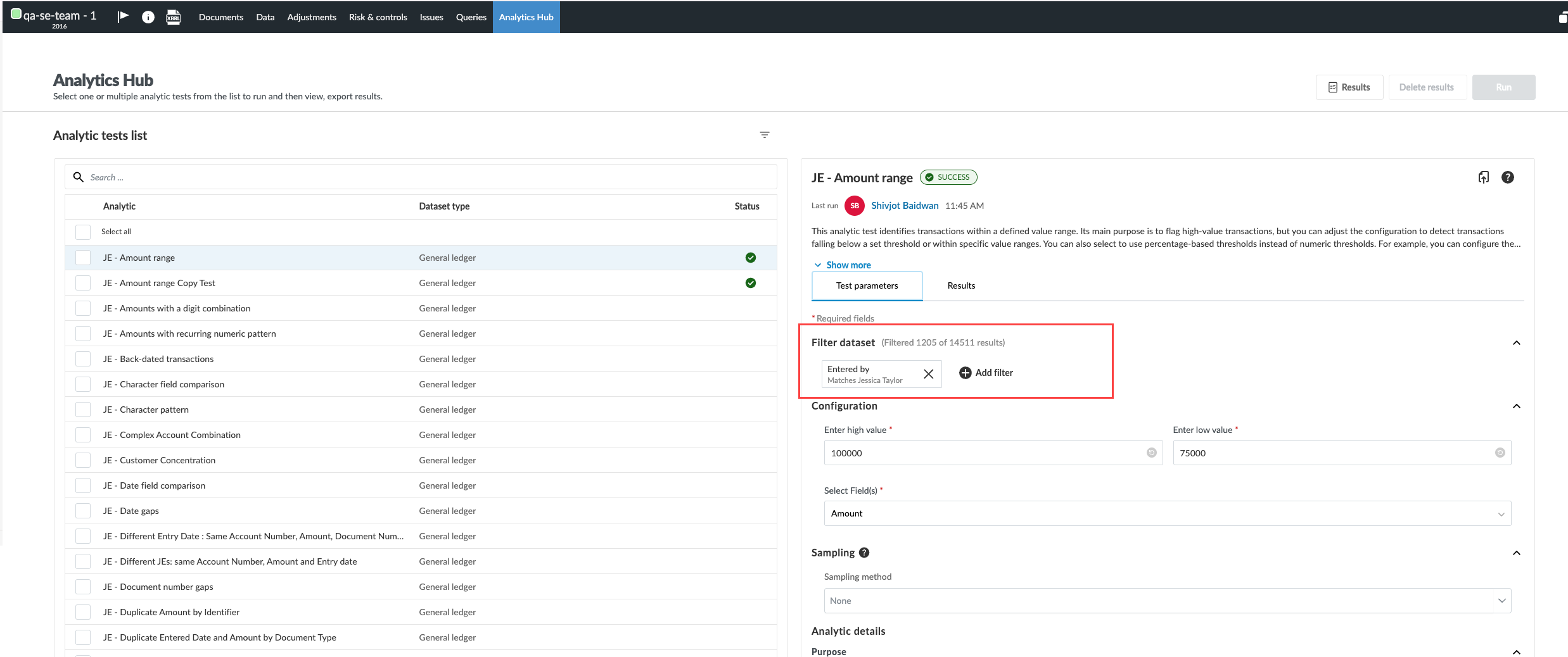 the user interface in the Analytics Hub for selecting data filters within a test.