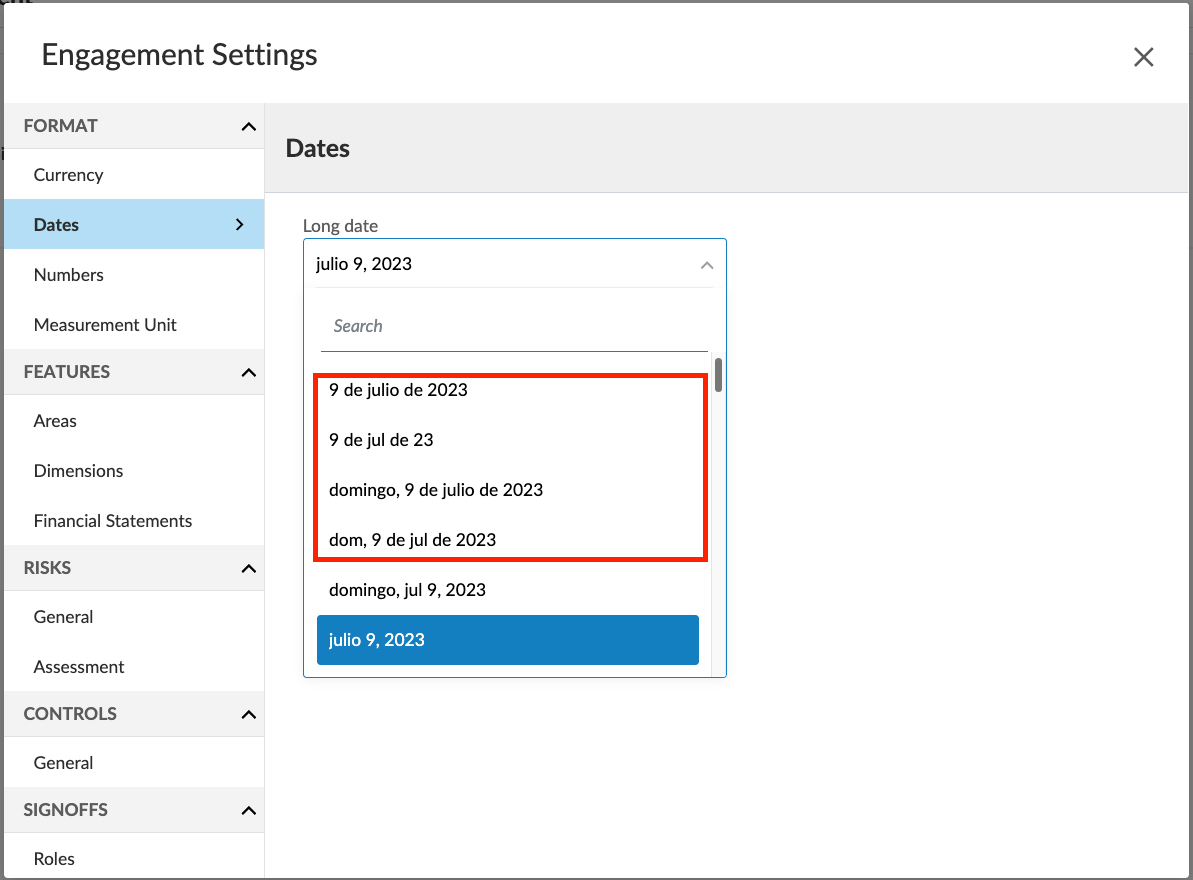 the Engagement settings dialog for seeing language options in dates.