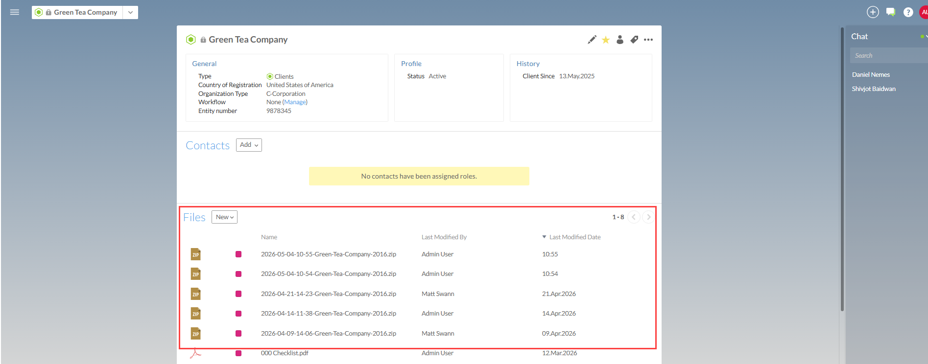 The user interface for selecting files from the Entities Details page.