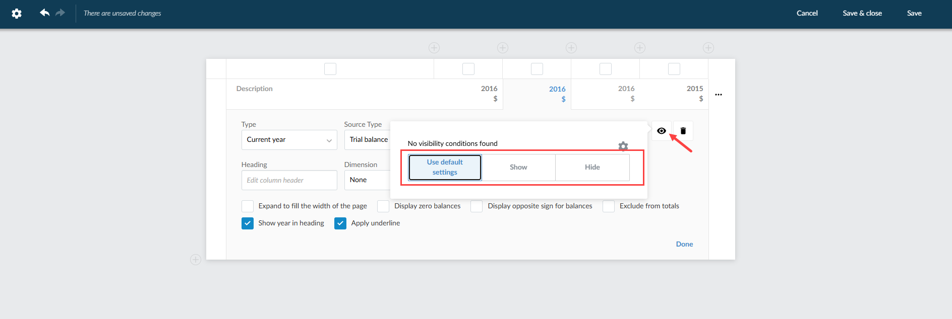 Visibility settings for columns in dynamic tables