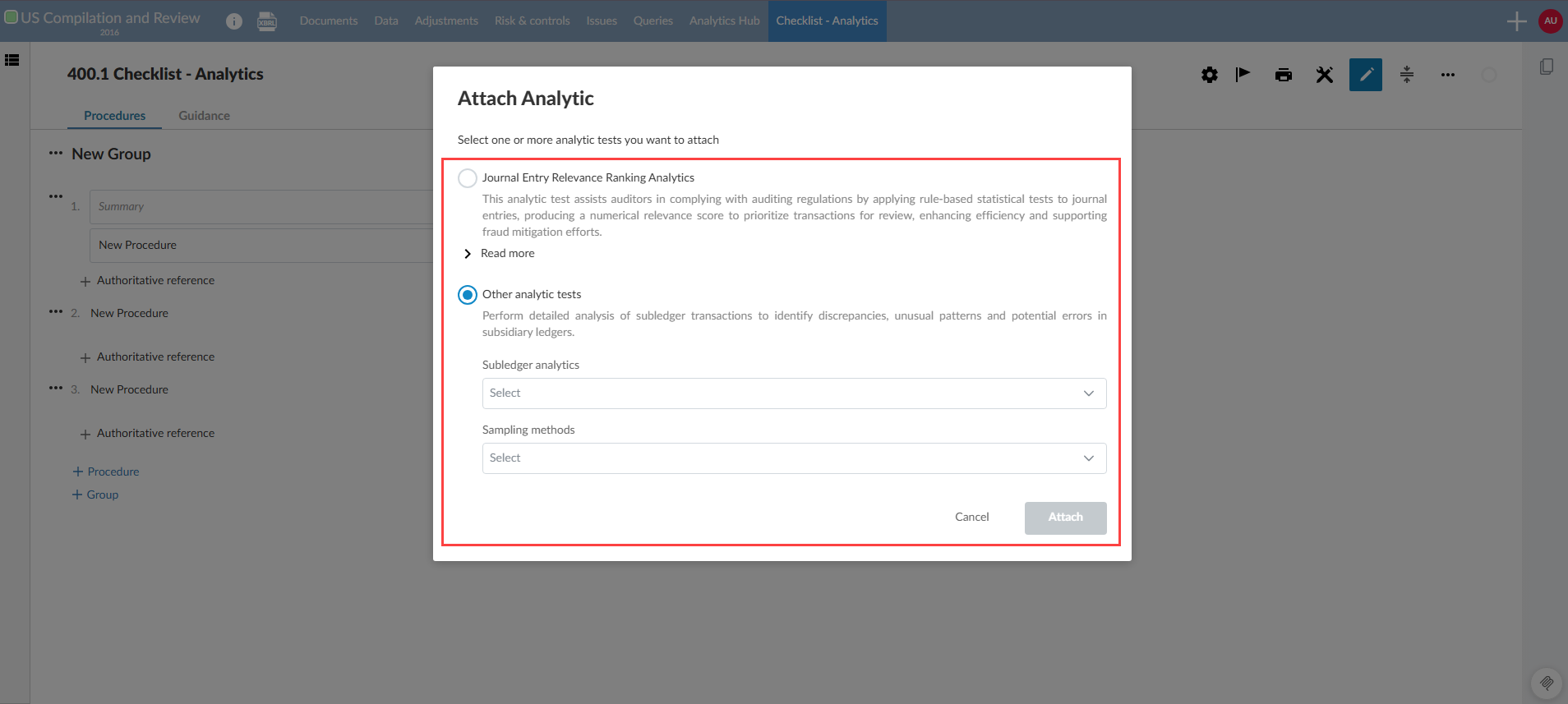 The dialog for attaching JERR or other analytics to Analytics Hub