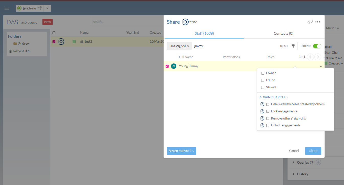 The Share dialog showing the Staff tab with a user selected and a drop-down menu listing role options including Owner, Editor, and Viewer, and advanced roles including Delete review notes created by others, Lock engagements, Remove others' sign-offs, and Unlock engagements