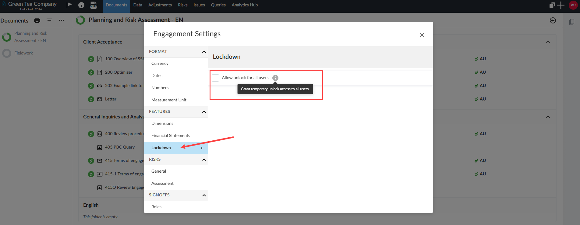 the dialog for enabling non-admin to unlock an engagement from Engagement settings