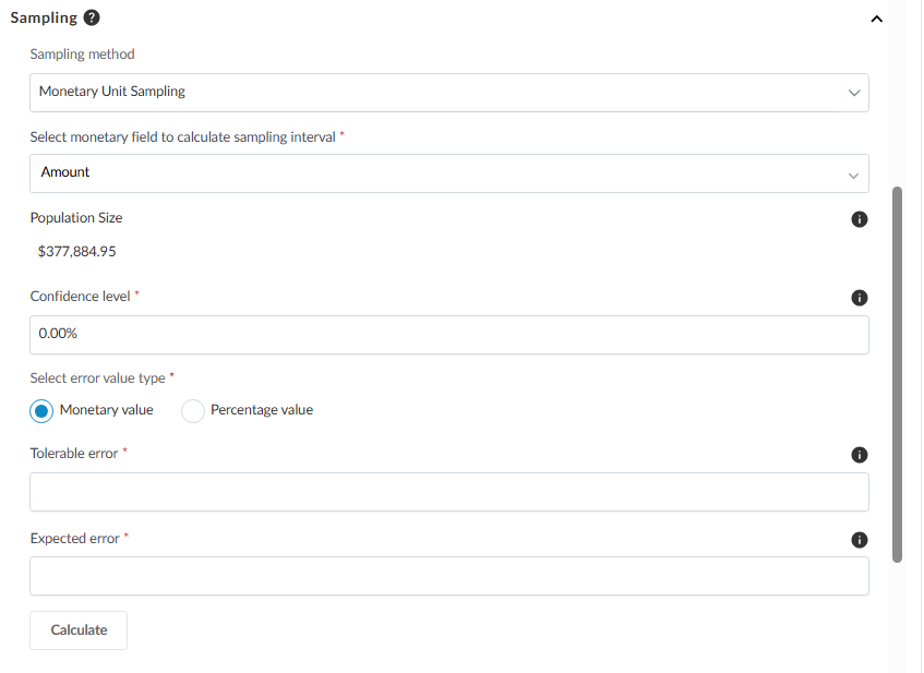 The Monetary Unit Sampling calculator showing fields for Sampling method, Select monetary field to calculate sampling interval, Population Size, Confidence level, Select error value type, Tolerable error, and Expected error.