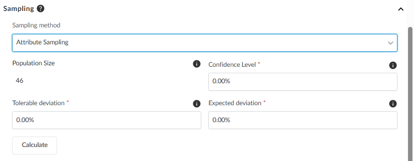 The Attribute Sampling calculator showing the Sampling method drop-down and fields for Population Size, Confidence Level, Tolerable deviation, and Expected deviation.