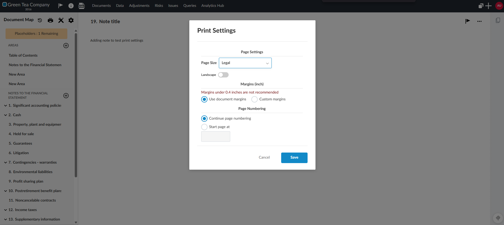 The print settings dialog for a note