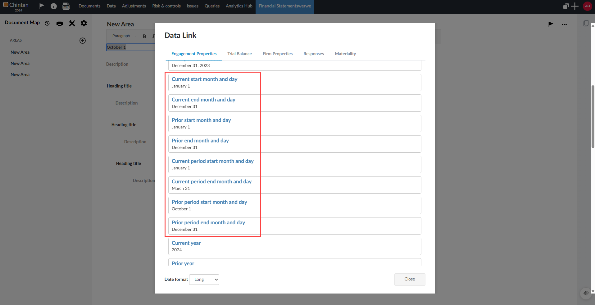 The Data link dialog showing start and end date options without the year.