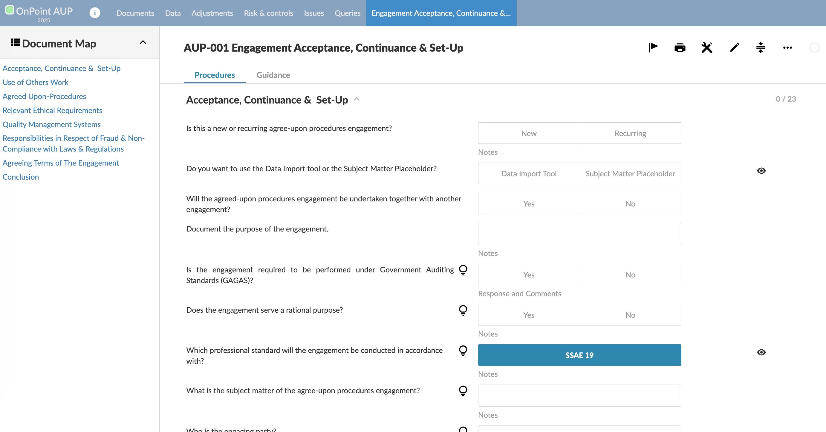 AUP-001 Engagement Acceptance, Continuance & Set-Up document showing the Acceptance, Continuance & Set-Up checklist with questions about engagement type, standards and subject matter.