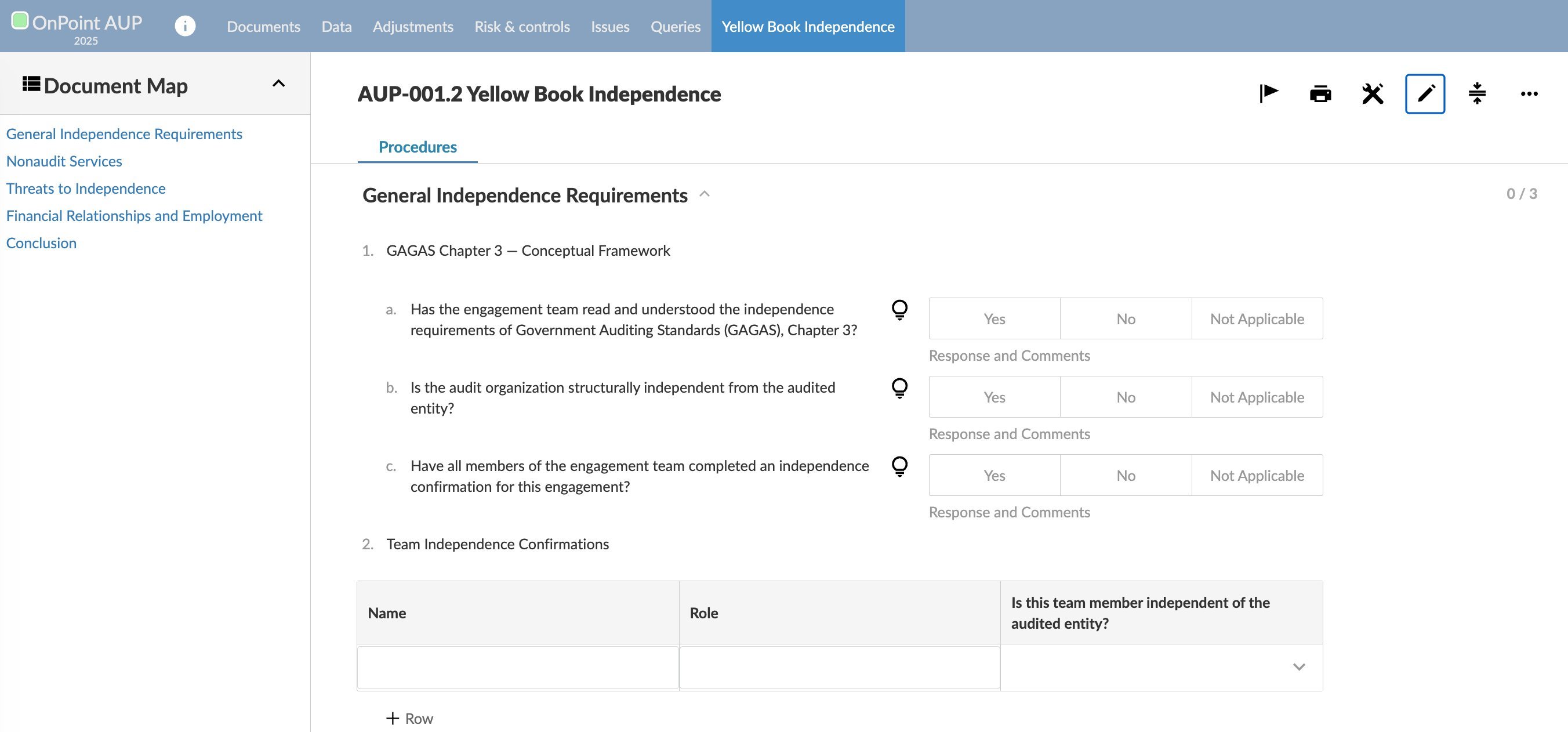 AUP-001.2 Yellow Book Independence document showing the General Independence Requirements section with checklist questions about GAGAS independence standards and a Team Independence Confirmations table.
