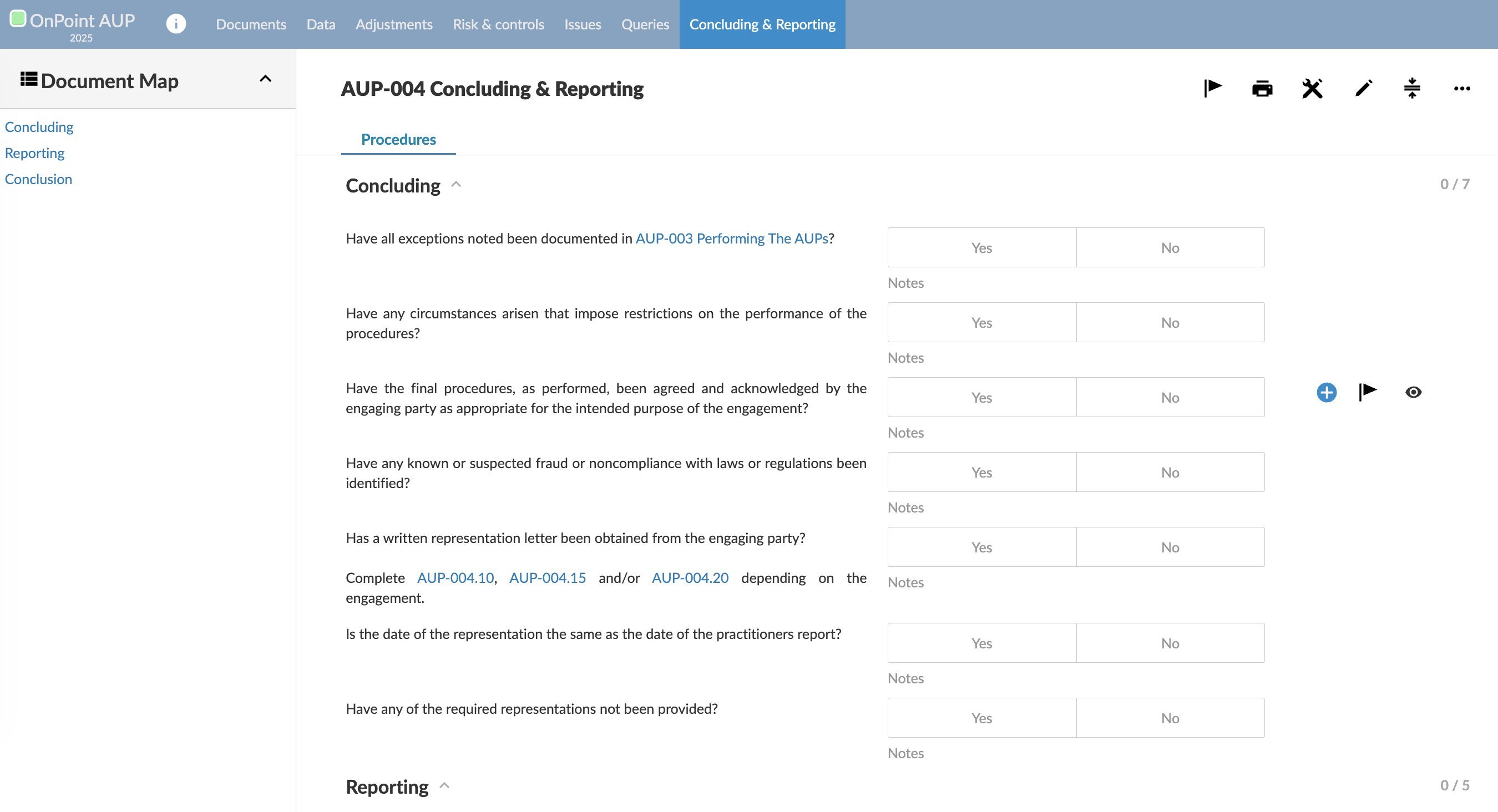 AUP-004 Concluding & Reporting document showing the Concluding section with checklist questions about exceptions, restrictions, fraud, representation letters and lockdown readiness.