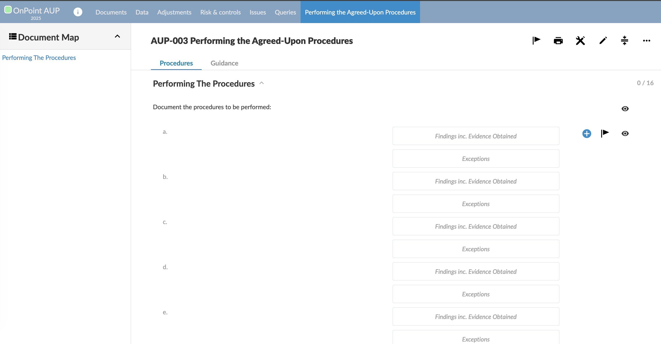 AUP-003 Performing the Agreed-Upon Procedures document showing the Performing The Procedures section with fields for documenting findings including evidence obtained and exceptions for each procedure.